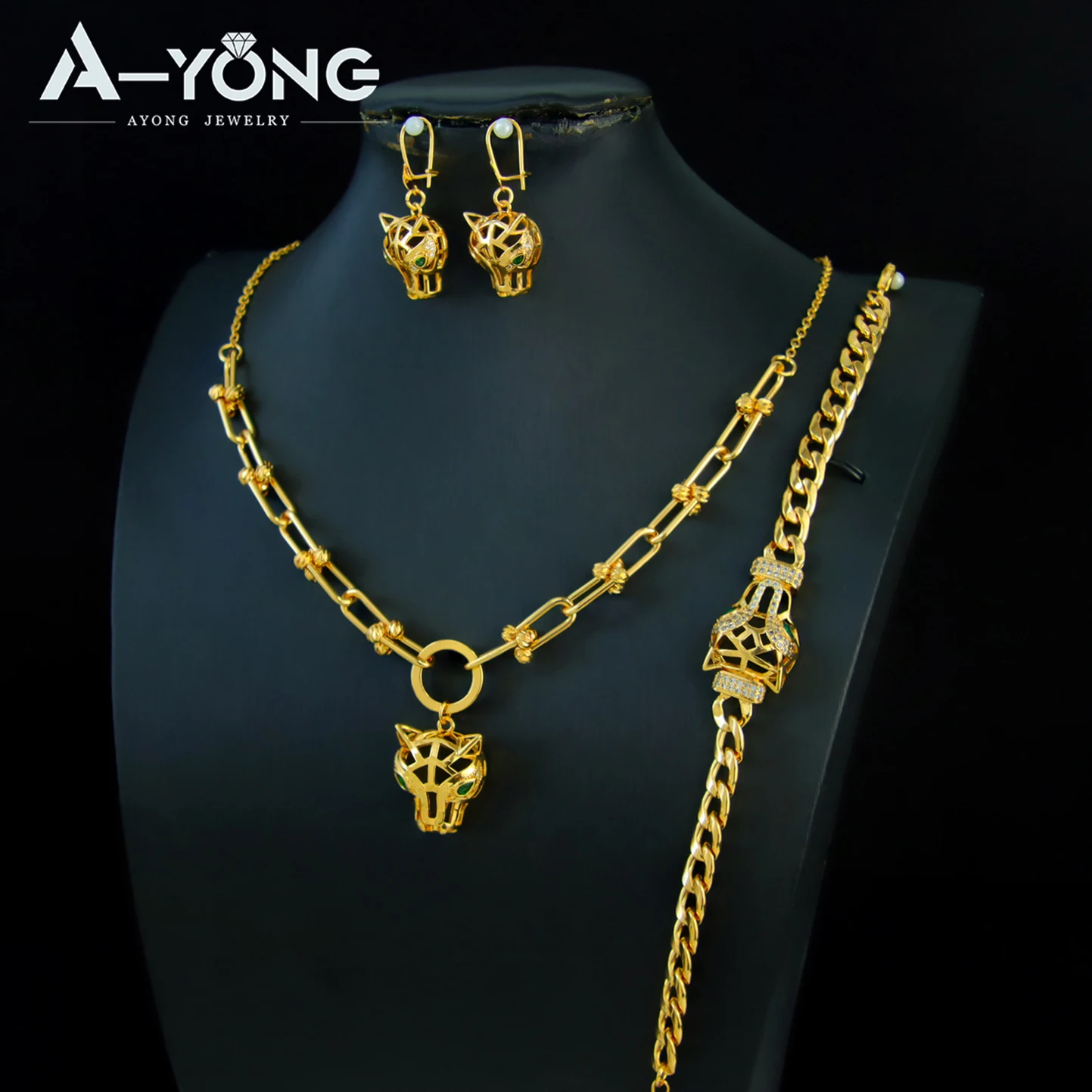 Luxury Dubai Gold Color Leopard Jewelry Set 21k Gold Plated  Zircon Panther Necklace Bracelet Earrings Punk Vintage Jewelrys