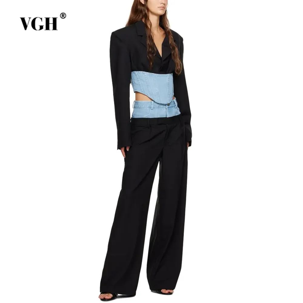 VGH Hit Color Patchwork Denim Two Piece Set For Women Notched Long Sleeve Irregular Hem Tops High Waist Pants Design Sets Female