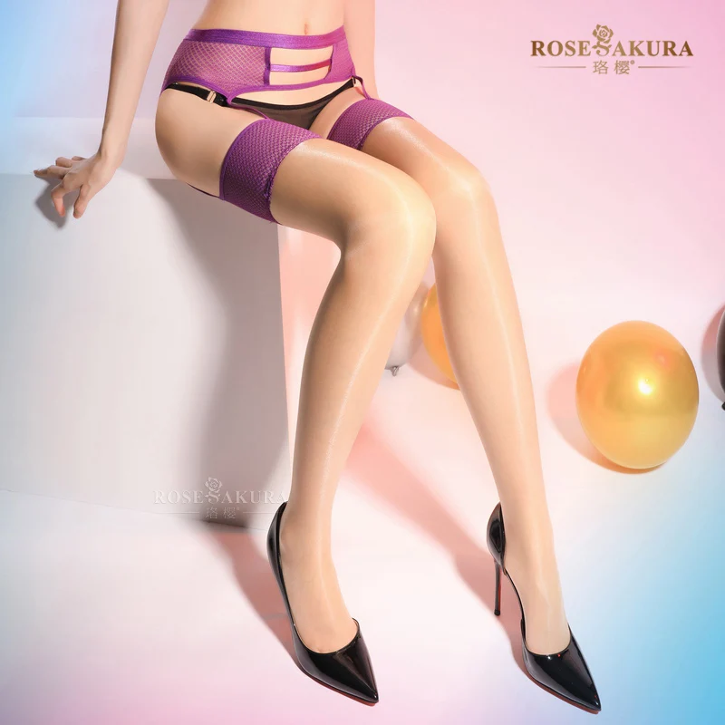 Aurora Oil – bas de cuisse brillants pour femmes, avec ceinture de jarretelles, Sexy, maille brillante, Lingerie, ajouré, résille, dentelle