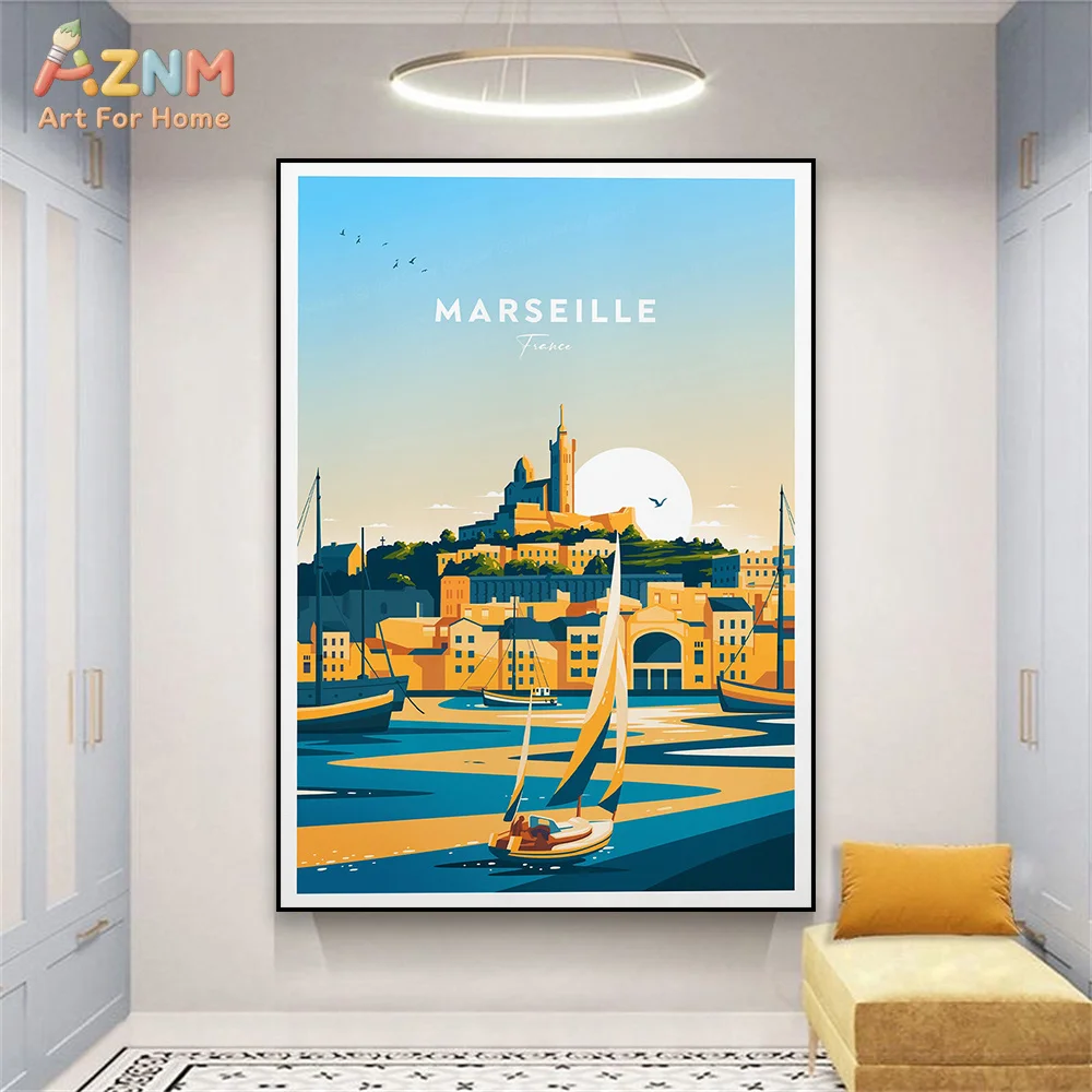 AZNM Marseille France Travel Canvas Wall Art Vintage Coastal City Sailboat Sunset Landscape Print Unframed Canvas Painting for H