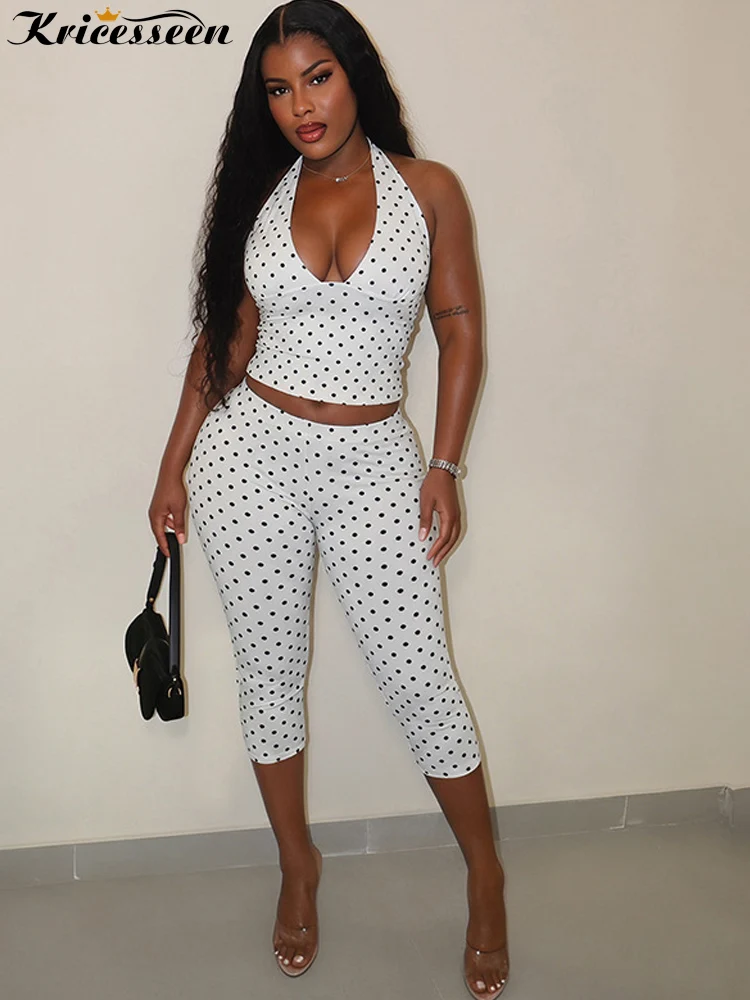 Kricesseen Women Polka Dot Two Piece Set Sexy Halter Neck Crop Top and Cropped Leggings Pants Set Summer Match Matching Outfits