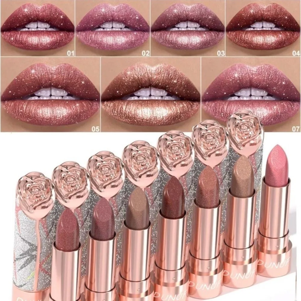 New 7 Colors Metallic Lipstick Pearl Pink Waterproof Shimmer Lip Glaze Floral Embossed Long Lasting Glitter Lip Tint Cosmetic