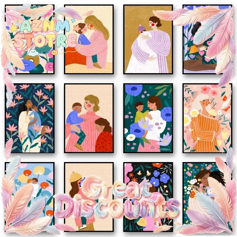 Motherhood Art Print Canvas Painting Young Mum and Kids Poster Maternal Love Floral Nursery Kids Room Home Decoration