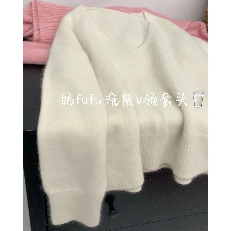 UMI MAO suave y acogedor azul pavo real con cuello en V ropa interior de punto para mujer suéter grueso suelto perezoso Jersey Top corto Tops de moda de otoño