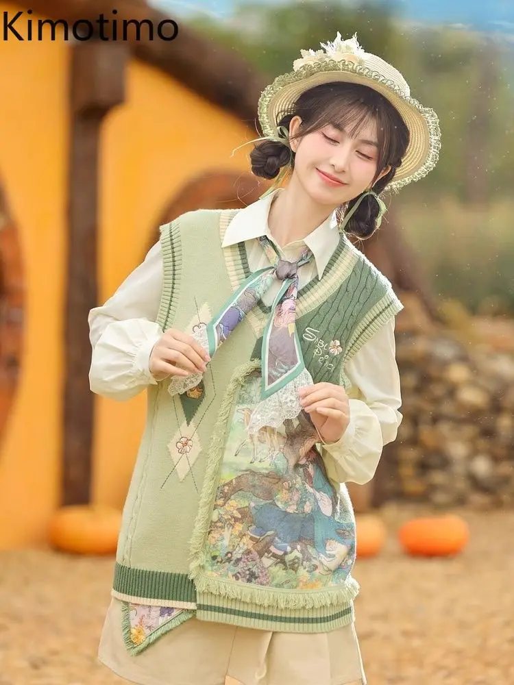 Kimotimo Mori Girl Patchwork Printed Knitted Vest Women 2024 New V Neck Overlap Design Sweater Waistcoat Korean Sweet Pullover