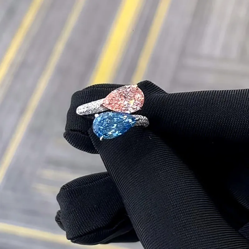 AEAW Jewerly Main Diamond 1ct 2ctw Fincy Pink Blue Pear Cut CVD HPHT Lab Grown Diamond Real 14K White Gold Women Ring