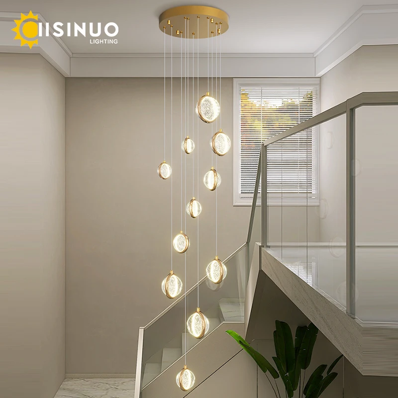 Long Staircase Pendant lights Raindrop Ceiling Lamp Adjustable Hanging Crystal Balls Chandelier for Hallway Foyer Entryway Hotel