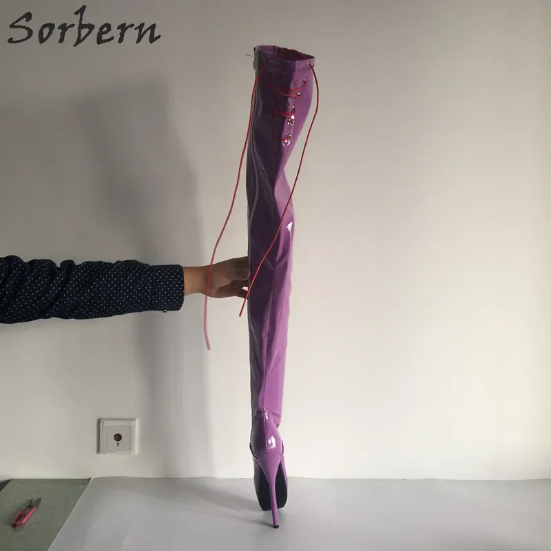 Sorbern Purple Glossy  Women Boots Ballet High Heel BDSM Pinup Shoes Side Zipper Ladies Booties Custom Shaft Length