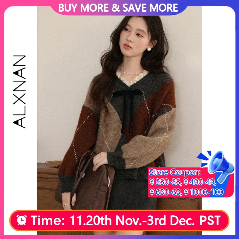 

ALXNAN женский свитер с цветными блоками и ромбовидным узором, v-образным вырезом, кружевной свитер с бантом, элегантный свободный крой, женские топы с длинными рукавами L57833