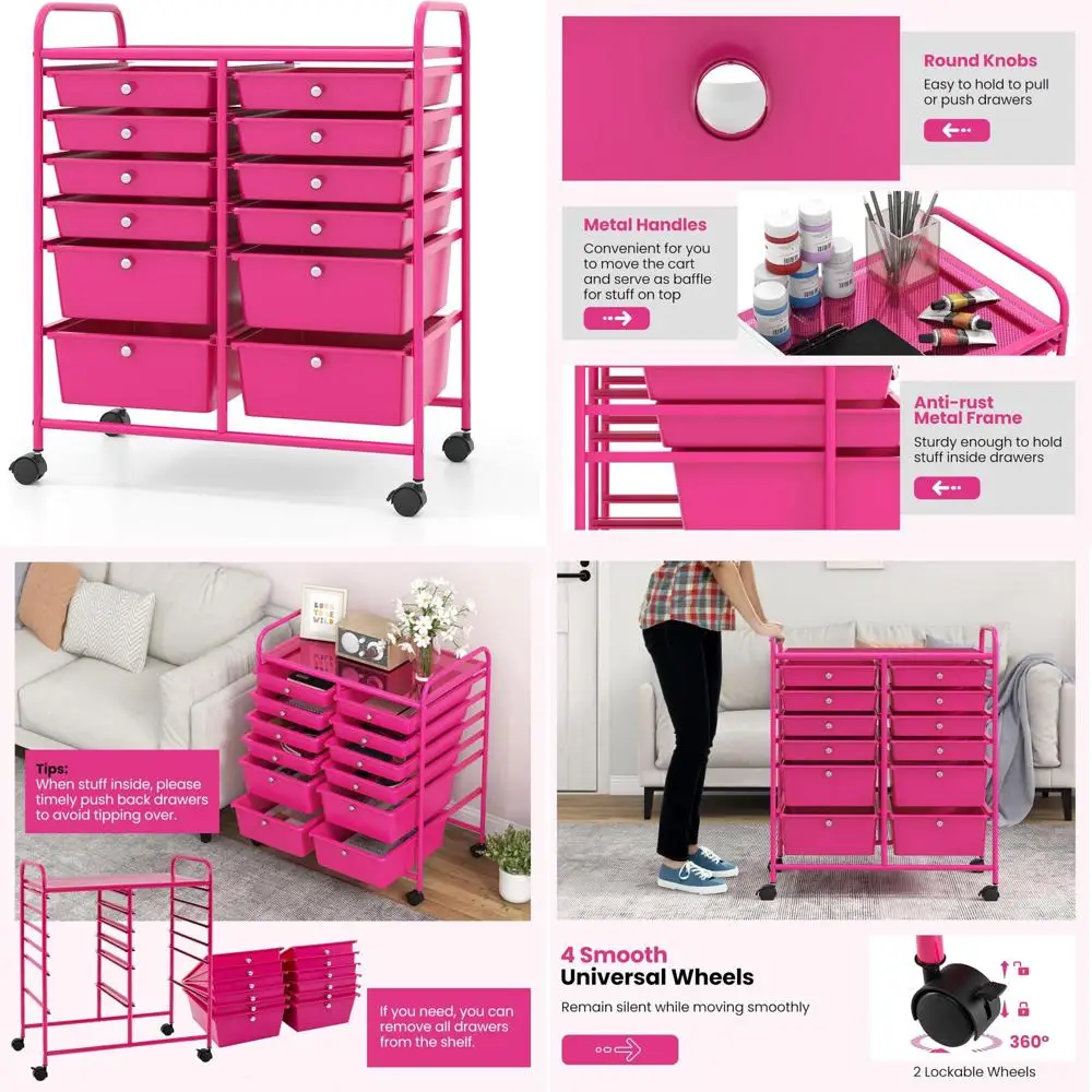 Wielofunkcyjny wózek metalowy na kółkach z 12 szufladami zamykanymi na klucz i wózkiem narzędziowym do przechowywania.