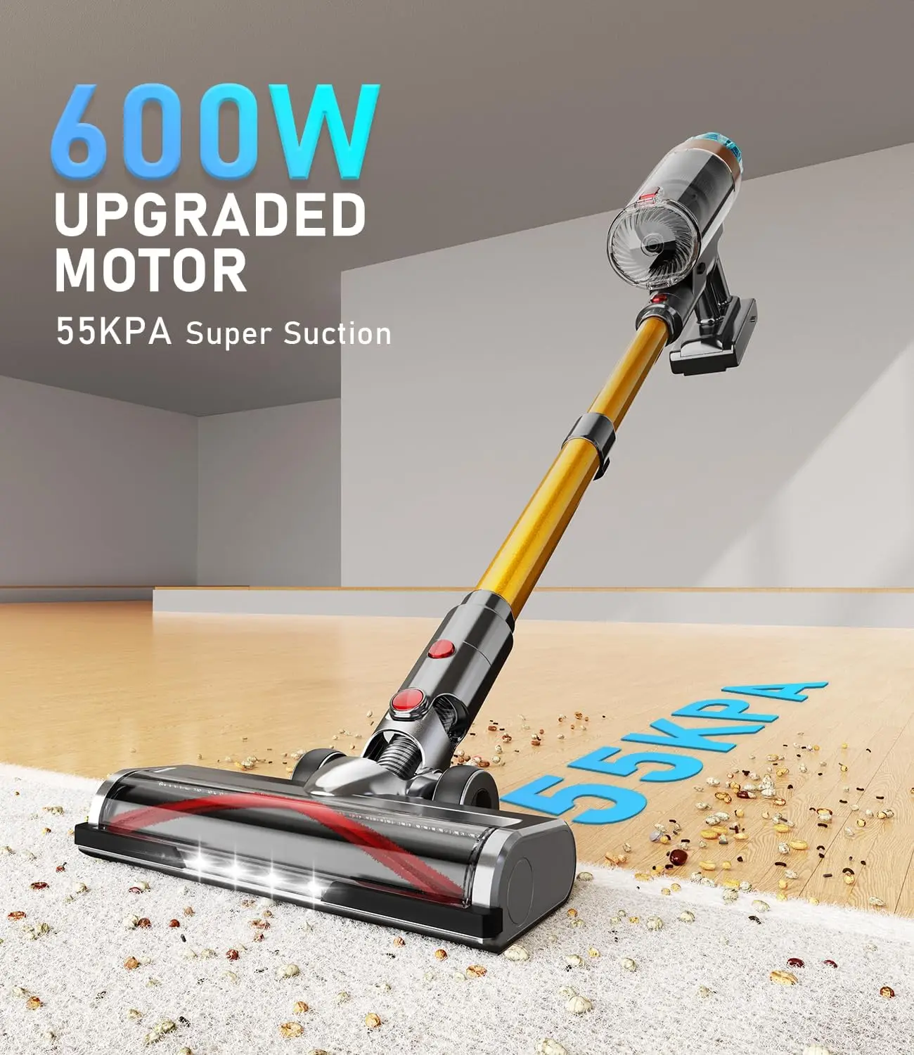 Cordless Vacuum Cleaner 600W 55Kpa Stick Vacuum,Up to 55Mins, Vacuum Cleaners for Home Rechargeable Wall Mount OLED Color Screen