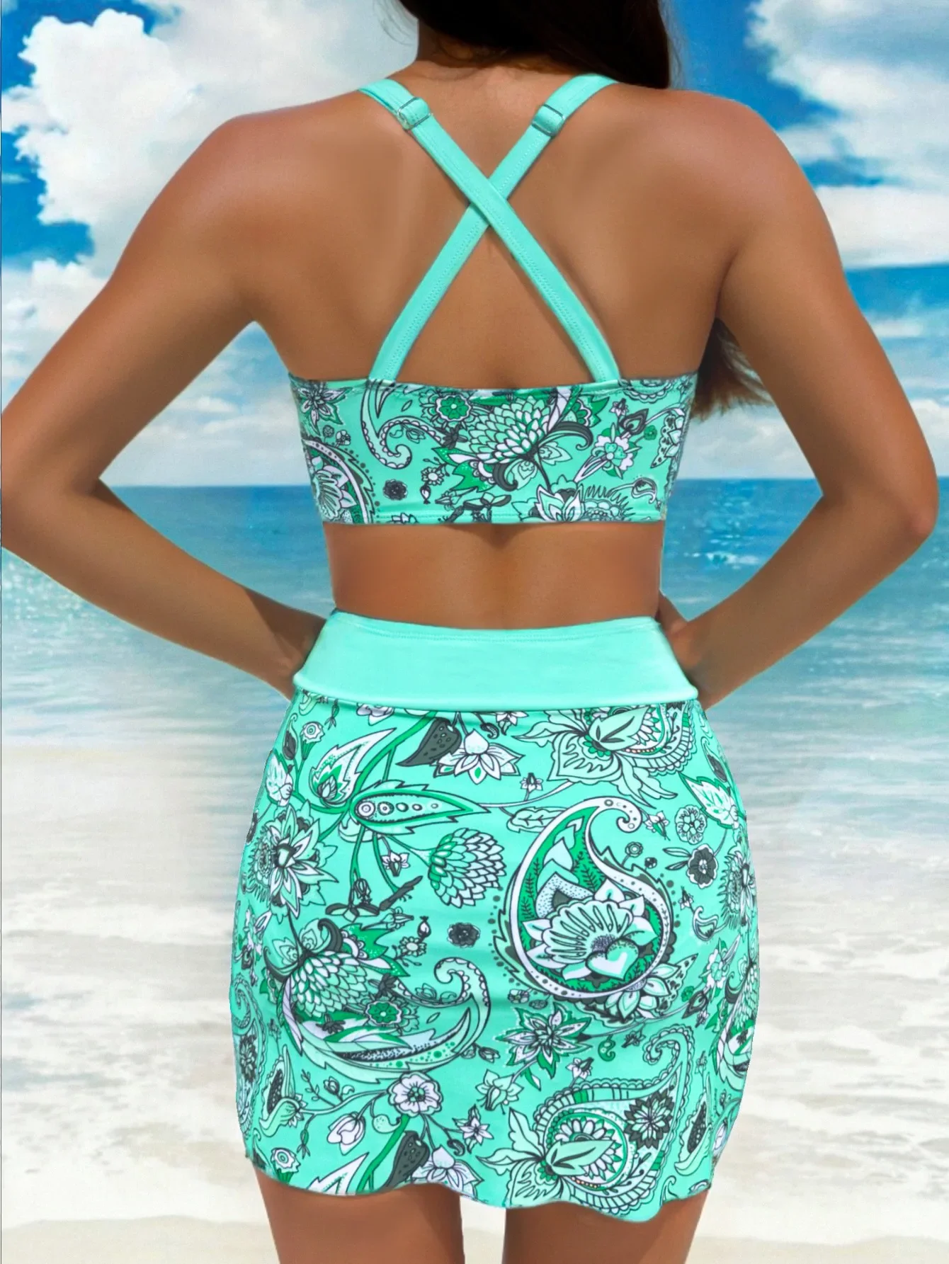 Set tankini con stampa floreale vintage Gonna a pieghe sul davanti da donna Costume da bagno 3 pezzi 2025 Costume da bagno a vita alta Costumi da bagno di grandi dimensioni XXXL