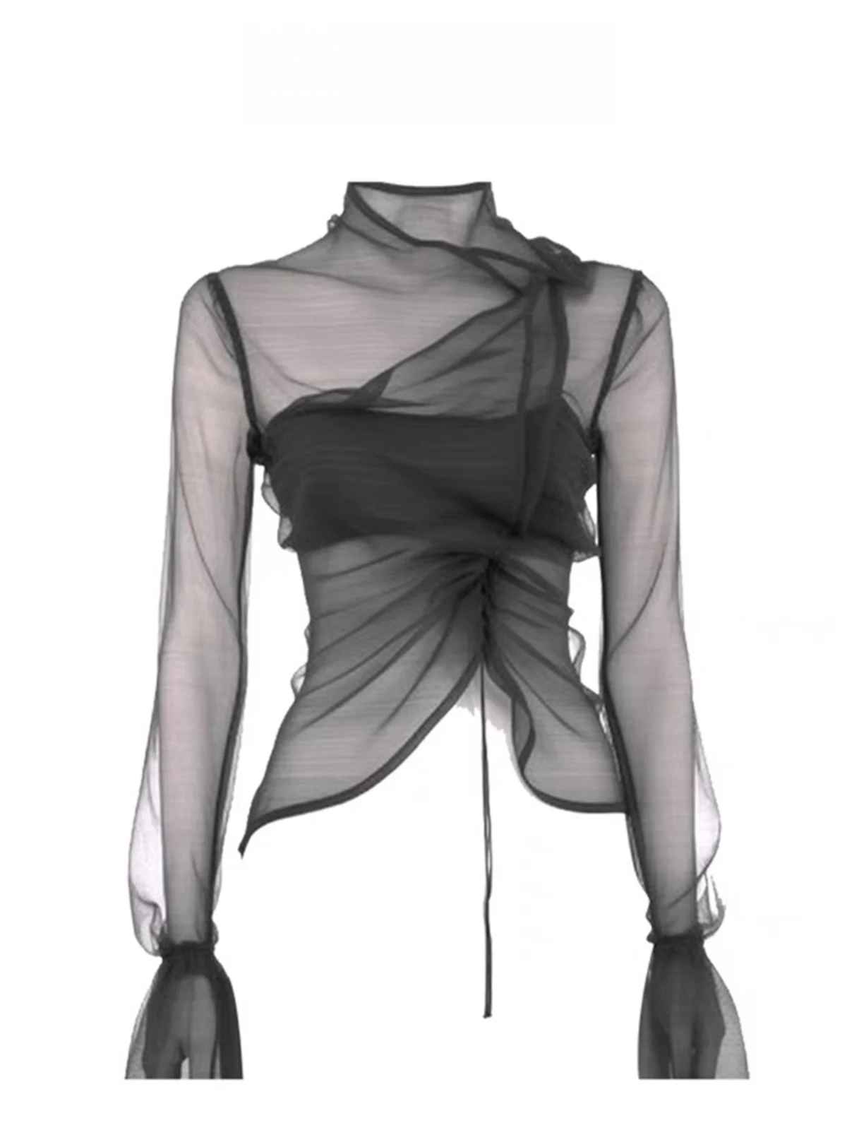 

Black Mesh Irregular Long Sleeve Shirt Women's Fashion Design Short Top Korean Style Bubble Sleeve Half High Collar Commute Wind