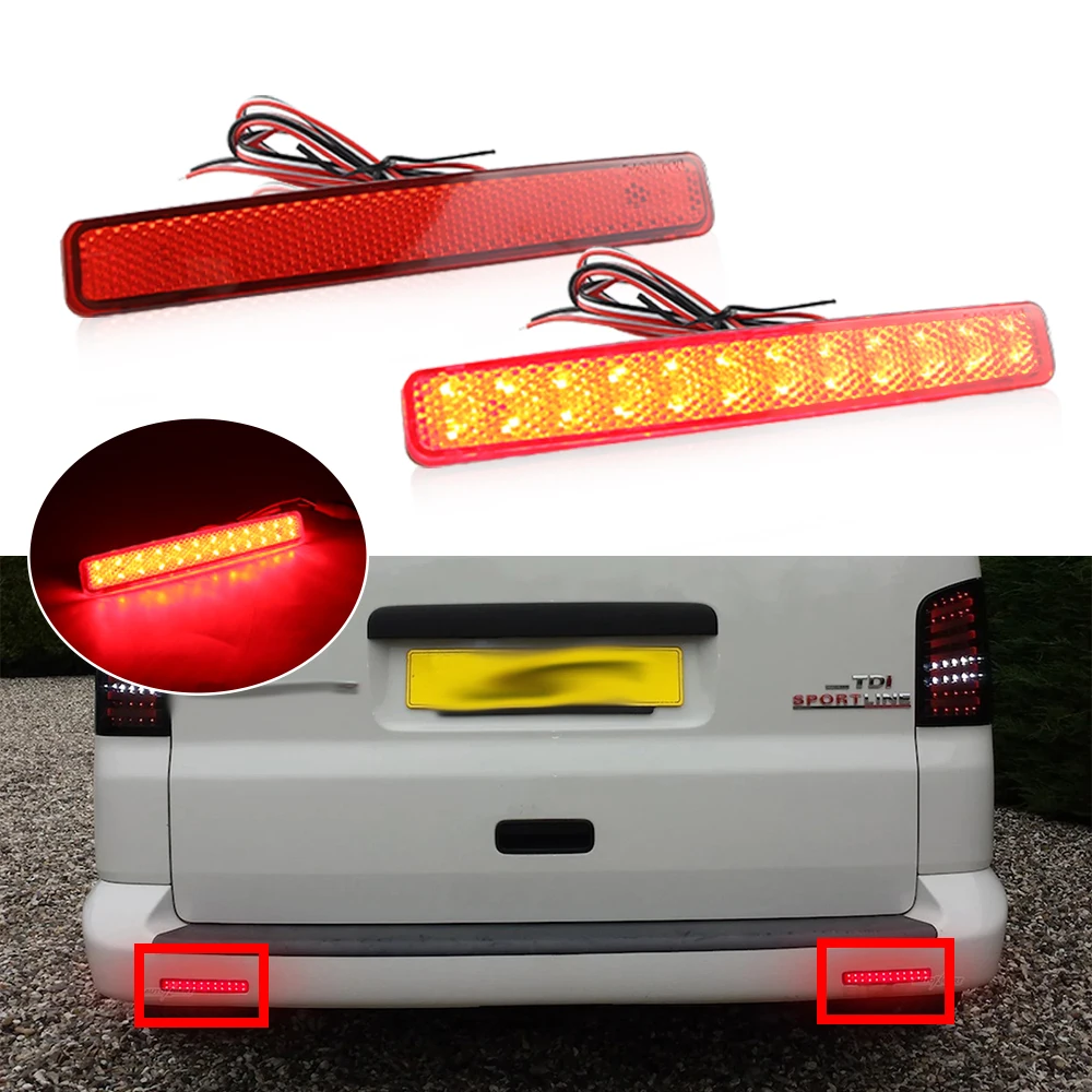 2Pcs 12V Red Lens LED Rear Bumper Reflector Light For Volkswagen VW T5 Transporter Tail Brake Stop Signal Lamp OEM# 7E0945105