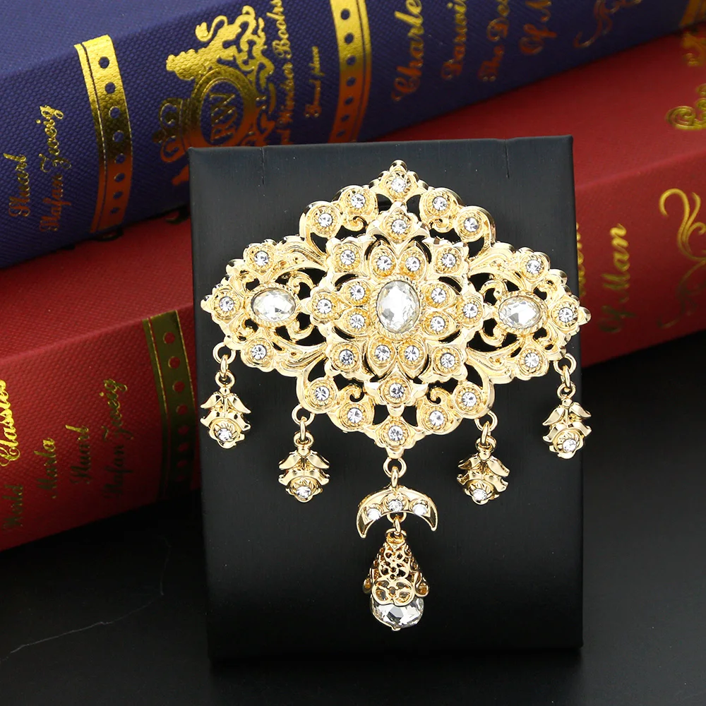 Sunspicems Elegent Crystal Women Brooch Morocco Jewelry Gold Color Arabic Caftan Hijab Brooch Pins Flower Bride Wedding Bijoux