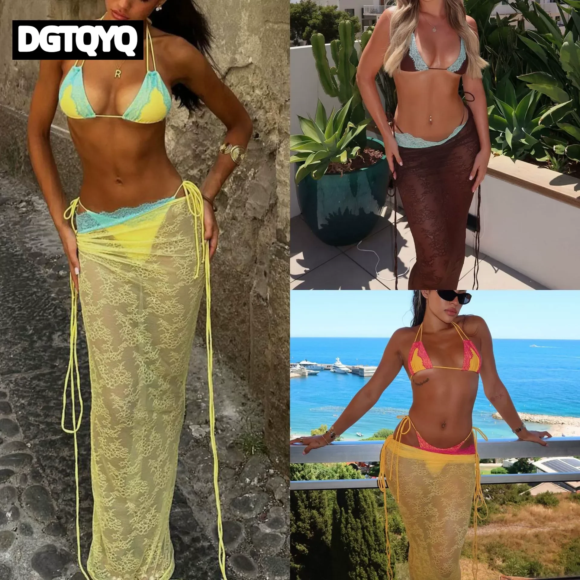 

2026 New Sexy 2pc Summer Lace Swimwear with Skirt Women Halter Patchwork Bikinis Set Beach Vacation Casual Female Bathing Suit