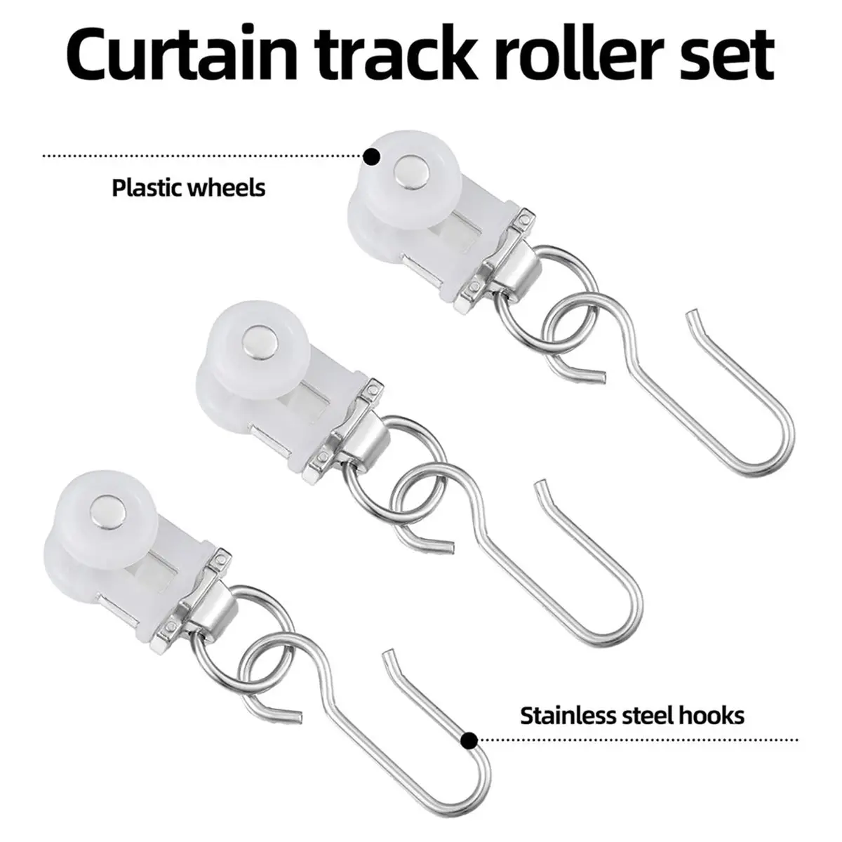 Double-Wheel Curtain Track Rollers, 15mm Ceiling Curtain Track Rollers, with Reinforced Hooks (25 Hooks + 25 Rollers)