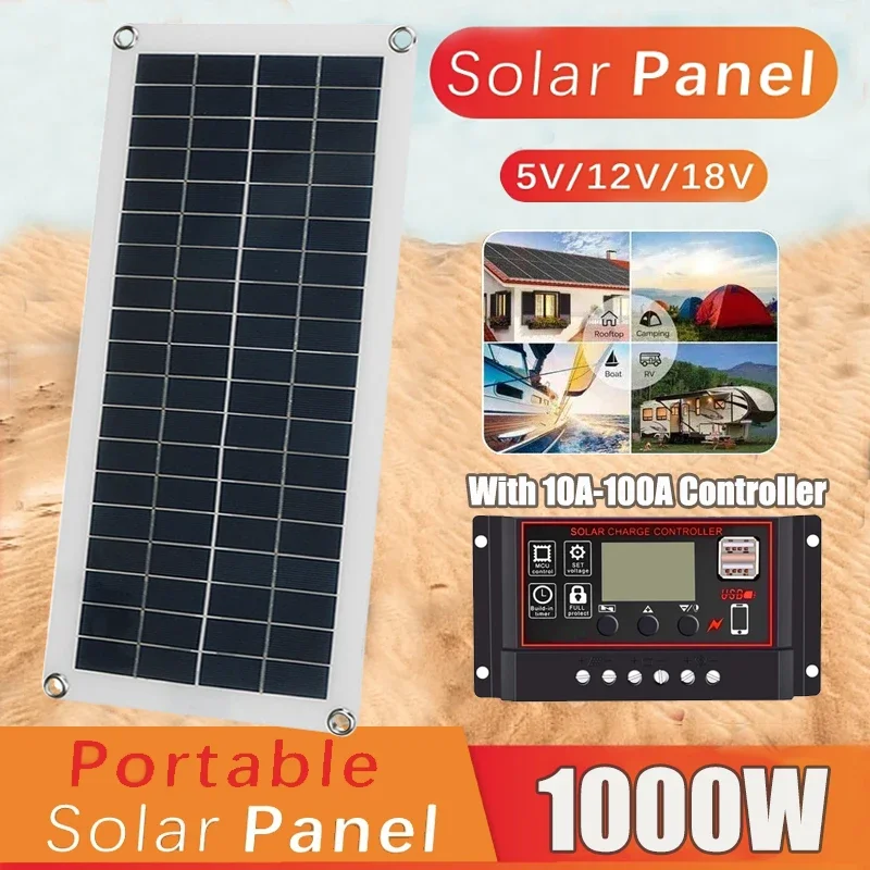 1000W Solar Panel Power Bank 12V Solar Cell Kit 100A Controller Solar Plate For Phone/MP3/Camping/RV/Car Fast Battery Charger