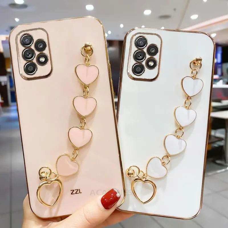 Fashion Plating Love Heart Bracelet Chain Case For Samsung Galaxy A53 A33 A73 A23 A13 A32 A52 A52S 4g 5g Band Cover On A 53 52 S