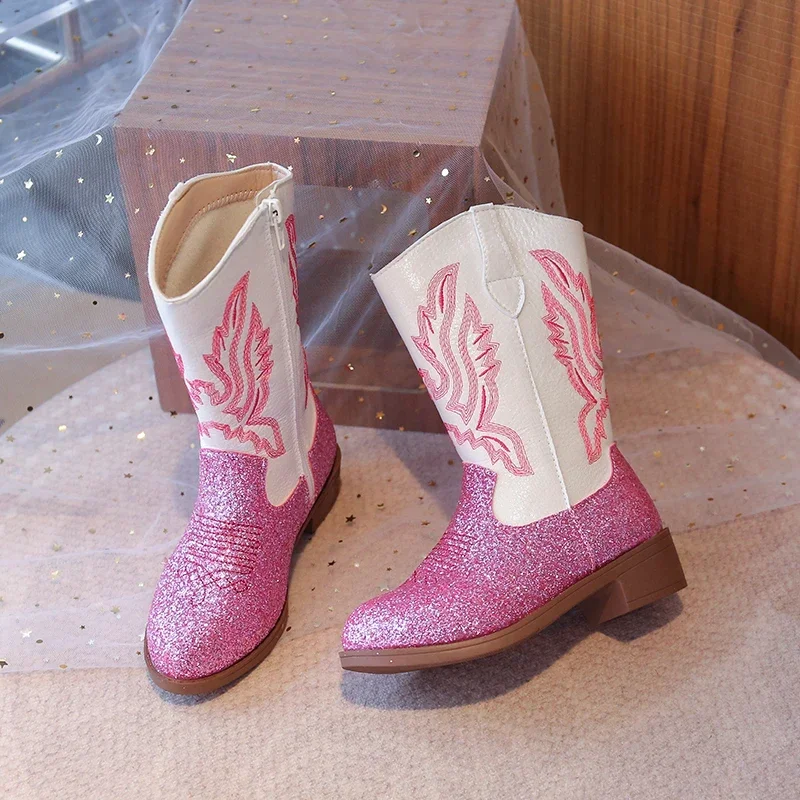 Braune Glitzer-Western-Cowboystiefel für Mädchen, mit Stickerei, seitlichem Reißverschluss und rutschfester Sohle, geeignet für festliche Anlässe und den Alltag, EU-Größe. – Detail 2