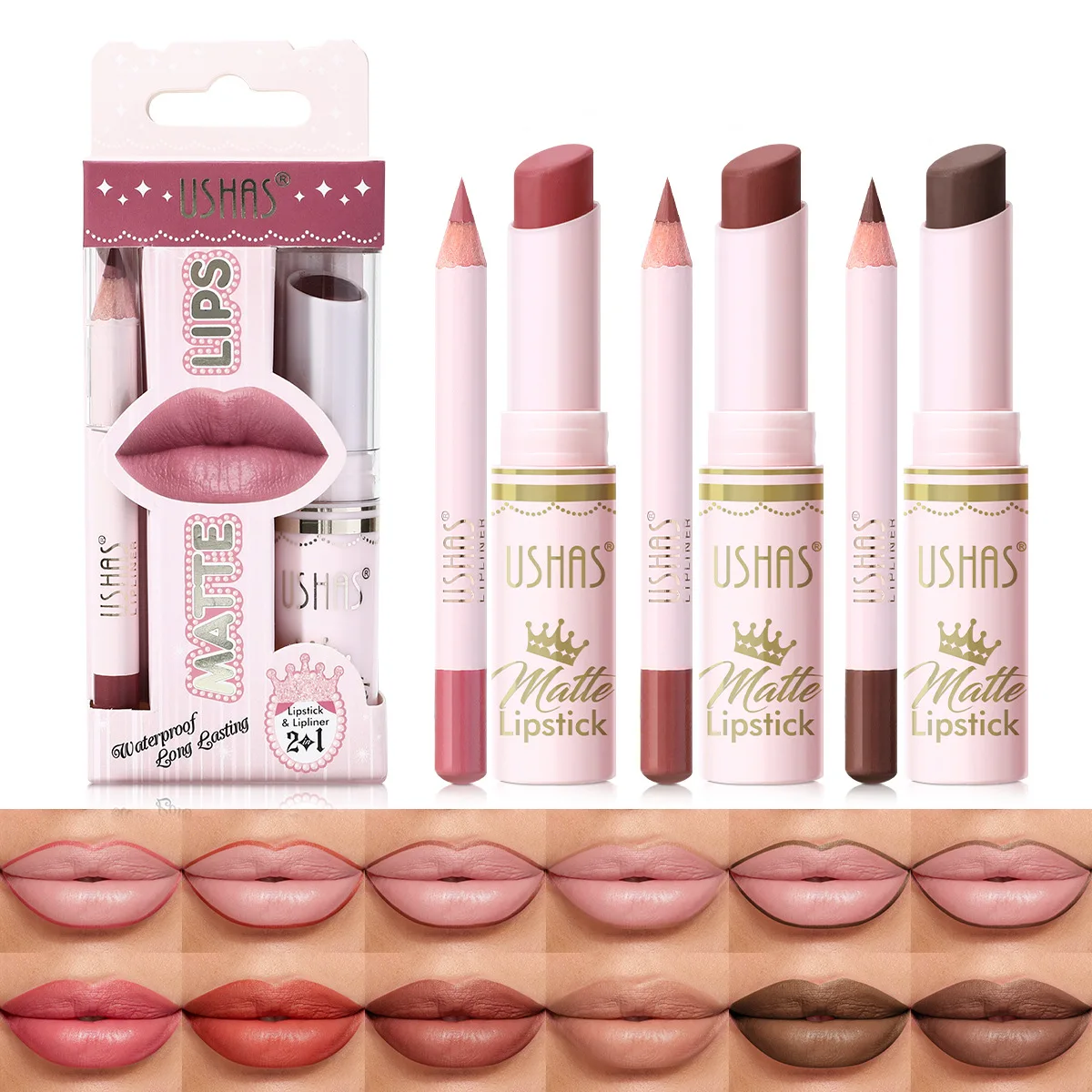 Juego de lápiz labial mate + delineador de labios de 6 colores USHAS, juego colorido de taza antiadherente resistente al agua y al sudor