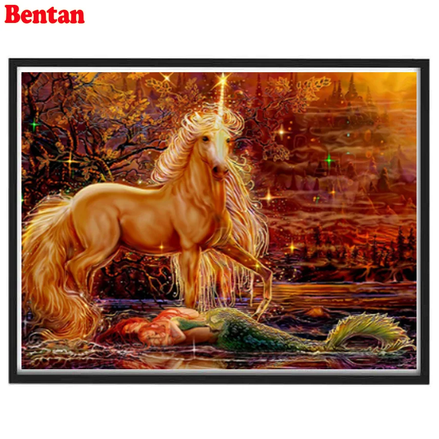 Diy 5D Diamond Embroidery Fantasy Animal Unicorn Mermaid Diamond Painting Full Square Drill Mosaic Handmade Mythical Landscape