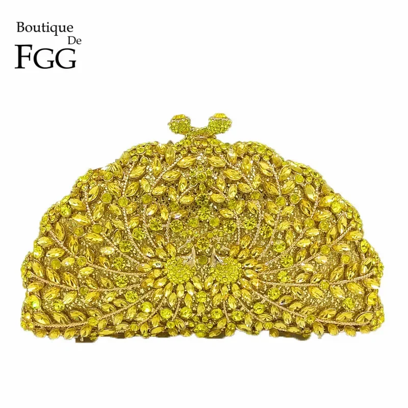 Boutique De FGG Green Peacock Women Evening Purses Wedding Cocktail Crystal Clutch Bag Bridal Diamond Minaudiere Handbags