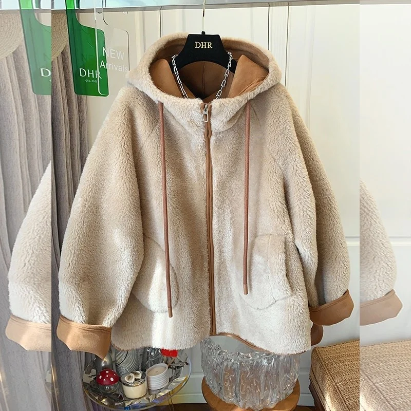 

Autumn Winter Large Size Men's Jaet Coat Lamb Fur Hooded Leather And Fur Inteated Loose Top Couple Winter Clothes