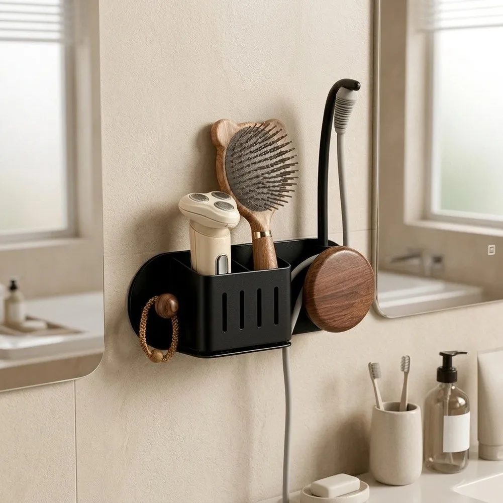 Modern Wall Mount Hair Dryer Holder - Bathroom Tool Organizer Built with ABS and Space Aluminum 27.5 x 10 x 30 cm Dimensions