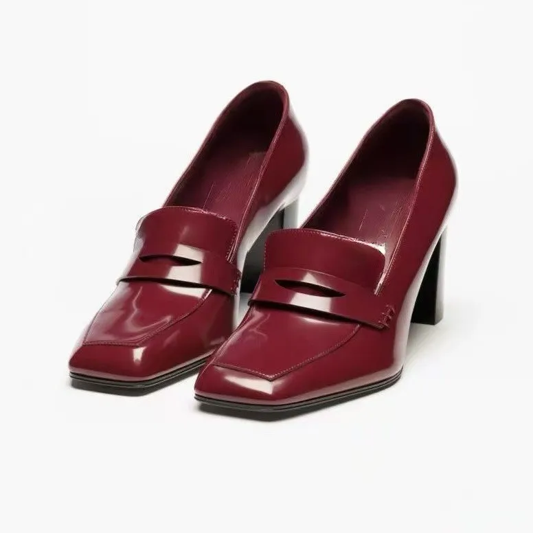 New Spring/Autumn Women's Burgundy Patent Leather Loafers Square Toe Chunky High Heel Slip On Elegant All Match Daily Loafers