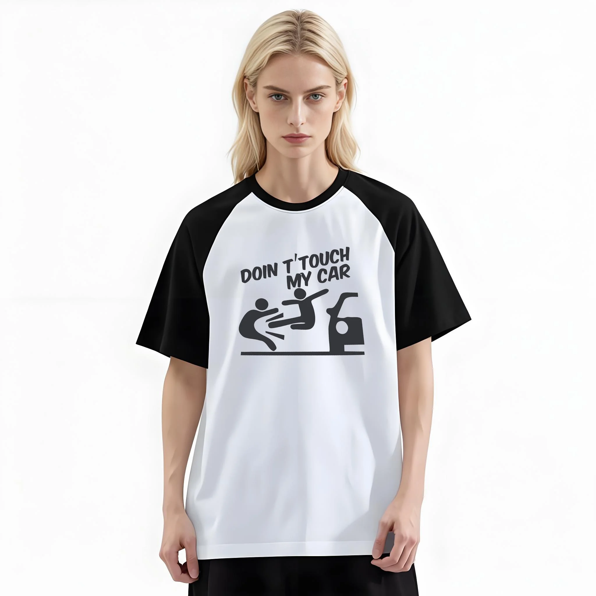Women'S Fashion Raglan Sleeve T-Shirt, Don't Touch My Car Funny Stick Figure Printed, Summer Casual Comfortable Tee, Women'S Everyday Short-Sleeve Top