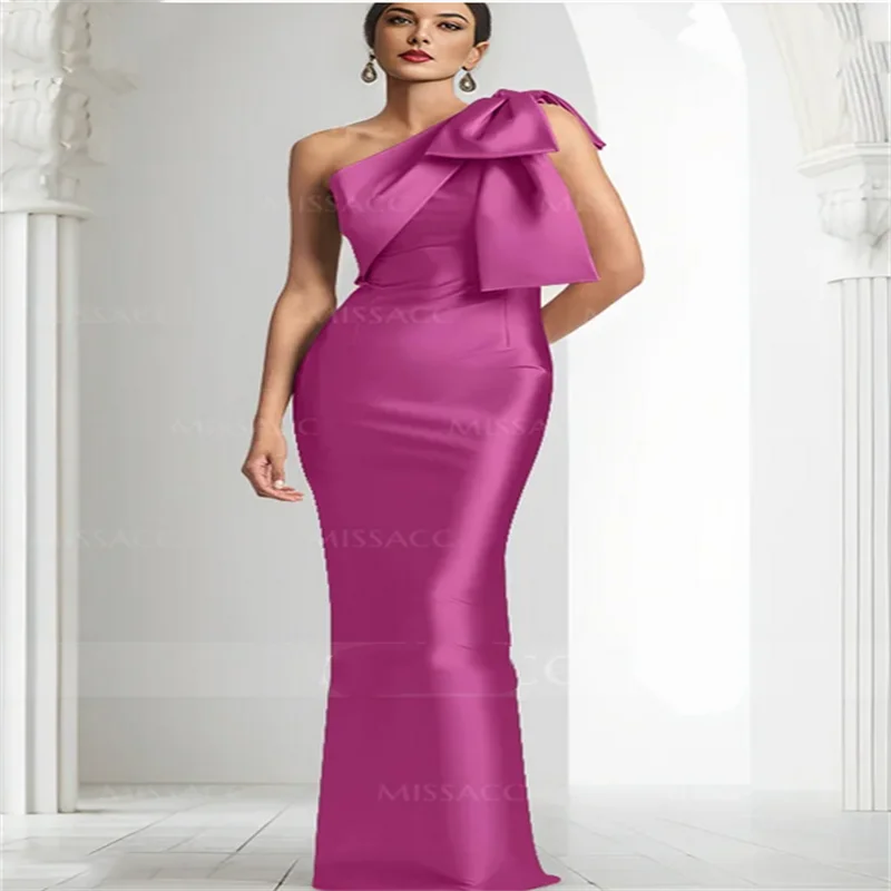 2024 Women's Evening Long Dress Straight One Shoulder Party Dress  Fuchsia Gown for Bow Formal Occasion LF123B Customized New