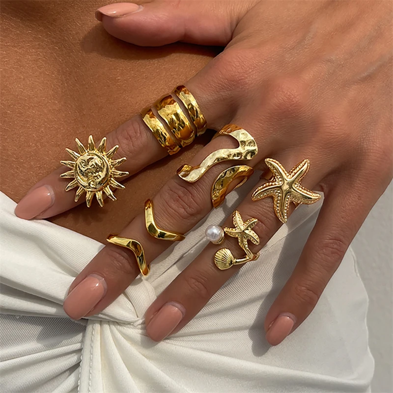 

Vintage Sun Starfish Open Rings Set For Women Men Punk Gothic Gold Color Metal Irregular Imitation Pearl Geometric Daily Jewelry