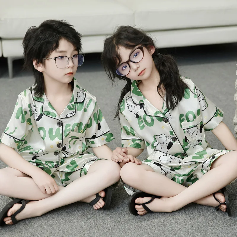 Summer New Kids Silky Pajamas Baby Boys Girls Cartoon Short Sleeve Lapel Shirt Top with Shorts Children Sleepwear Clothes Sets