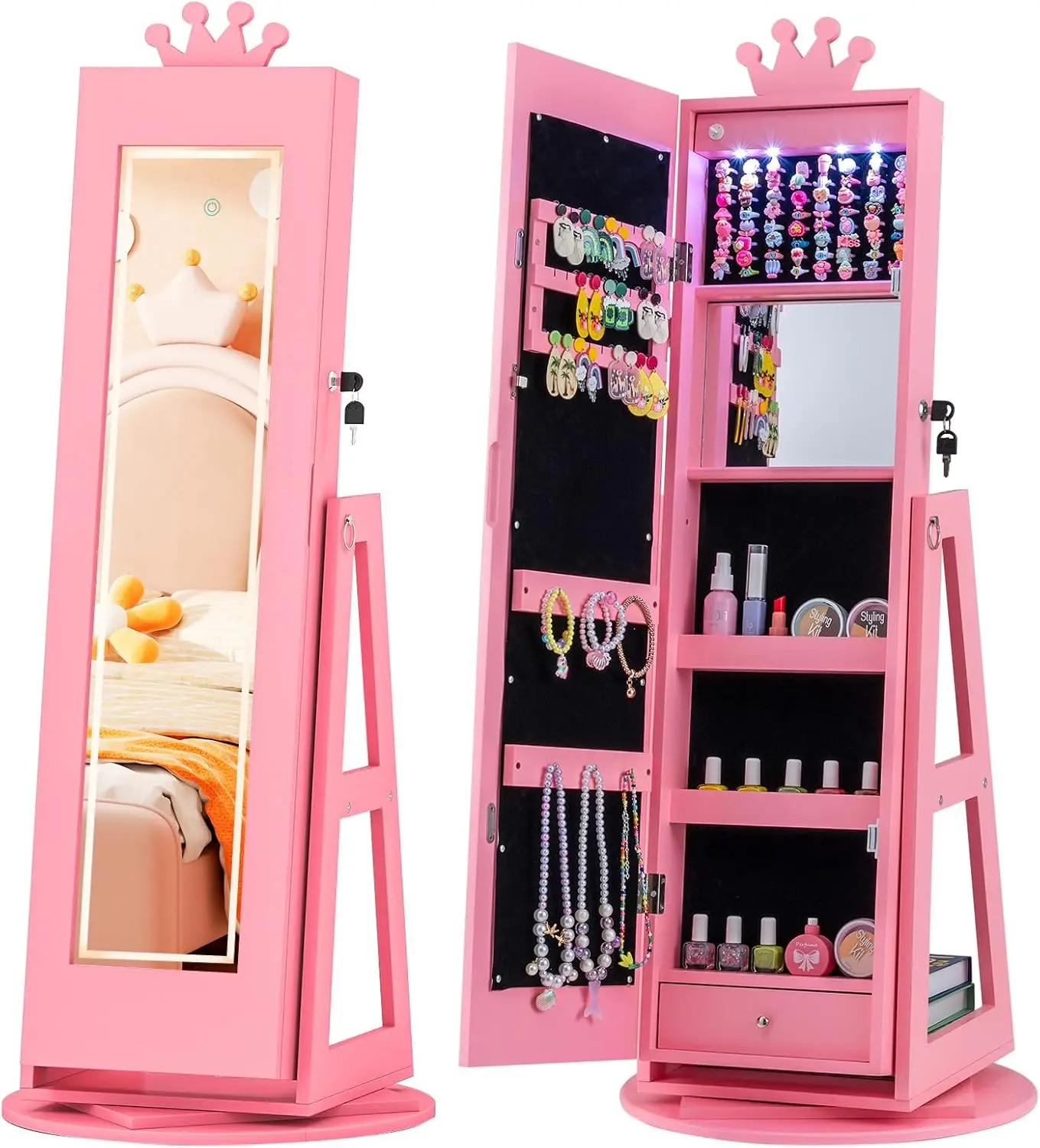 Jewelry Armoire LED Lights, 360 Swivel Jewelry Cabinet with Full-Length Mirror, Lockable Standing Jewelry Organizer for Girls(Pink)