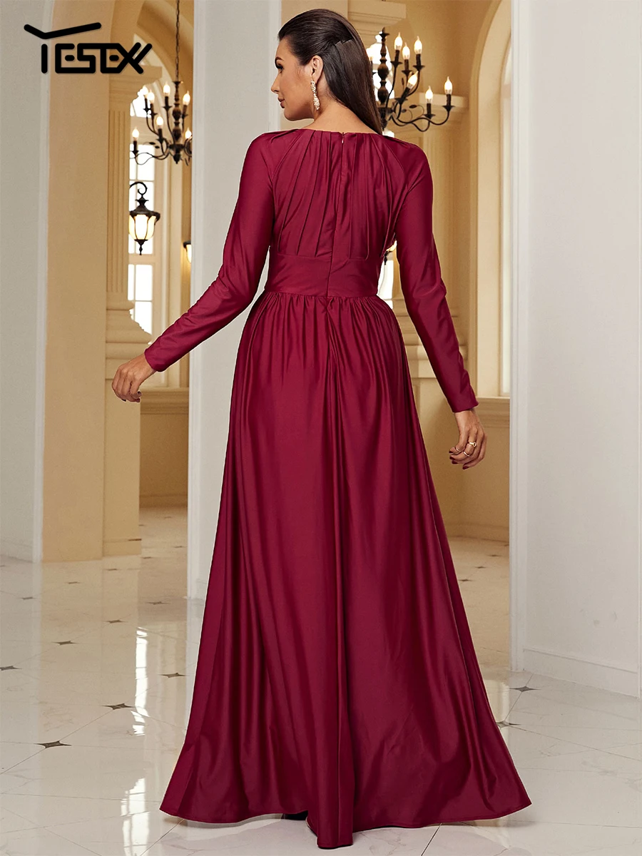 Yesexy Winter Burgundy plisowane wycięcie z długim rękawem eleganckie sukienki Maxi na wieczorową suknię ślubną