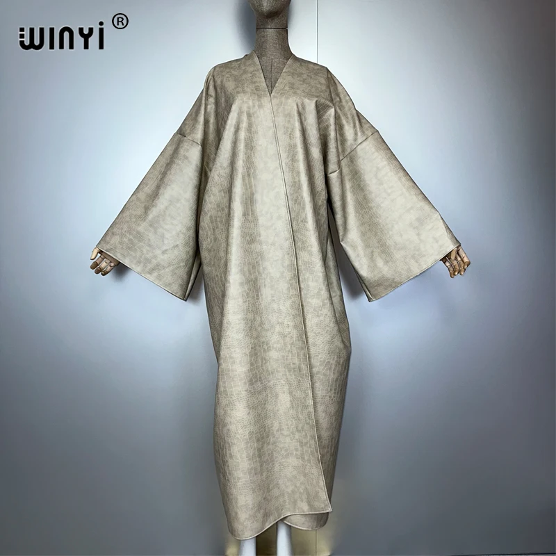 

WINYI Winter Women Artificial leather cardigan Long Coat muslim woman dresses robe abaya dubai luxury Middle East Female KIMONO