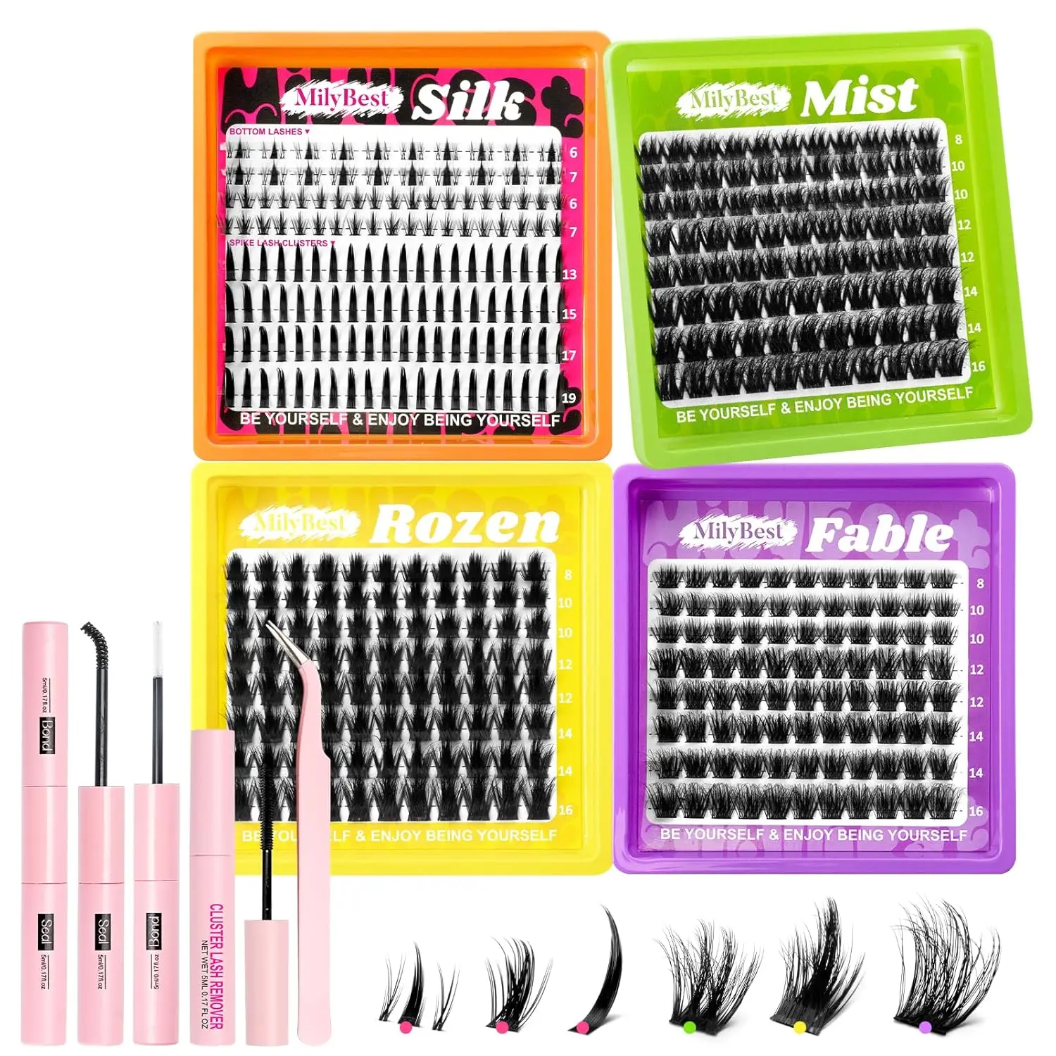 

4 Styles Lash Clusters Kit with Bond, Seal, Remover & Tweezer for DIY Individual Lashes Extension
