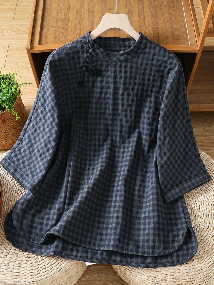 

Retro Plaid Stand Collar Shirt Women's 2026 Summer New Fashion Versatile Button Tea Costume Top Skin-friendly Breathable