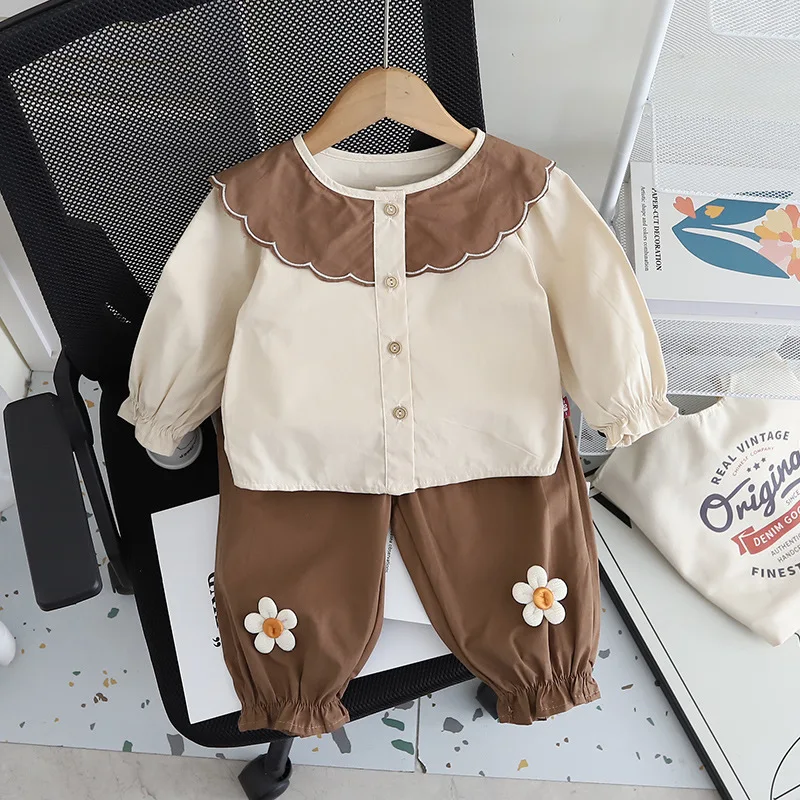 

Новые весенне-осенние комплекты одежды для девочек, милая детская рубашка с большими лацканами и штаны с цветными блоками цветов, детская одежда, 2 шт.