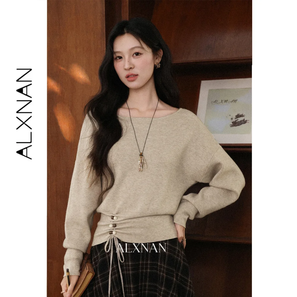 ALXNAN Women's Knit Pullover Oatmeal Long Sleeve Women's Clothes Boat Neck Drawstring Waist New Autumn 2026 Knitwear L68809