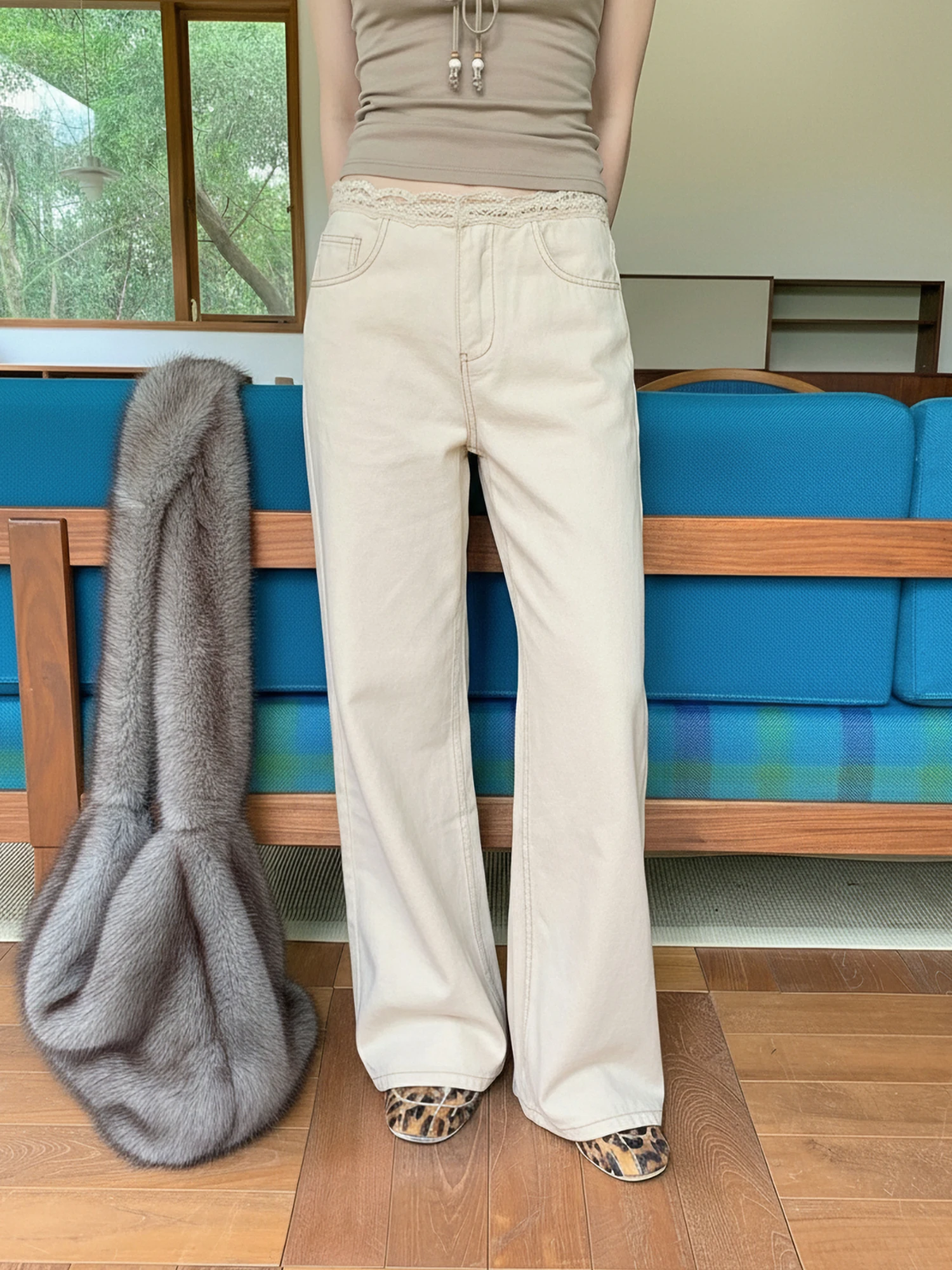 

Джинсы женские CRSU с высокой талией, прямые, широкие, свободные, с кружевной отделкой, повседневные брюки для весны и лета