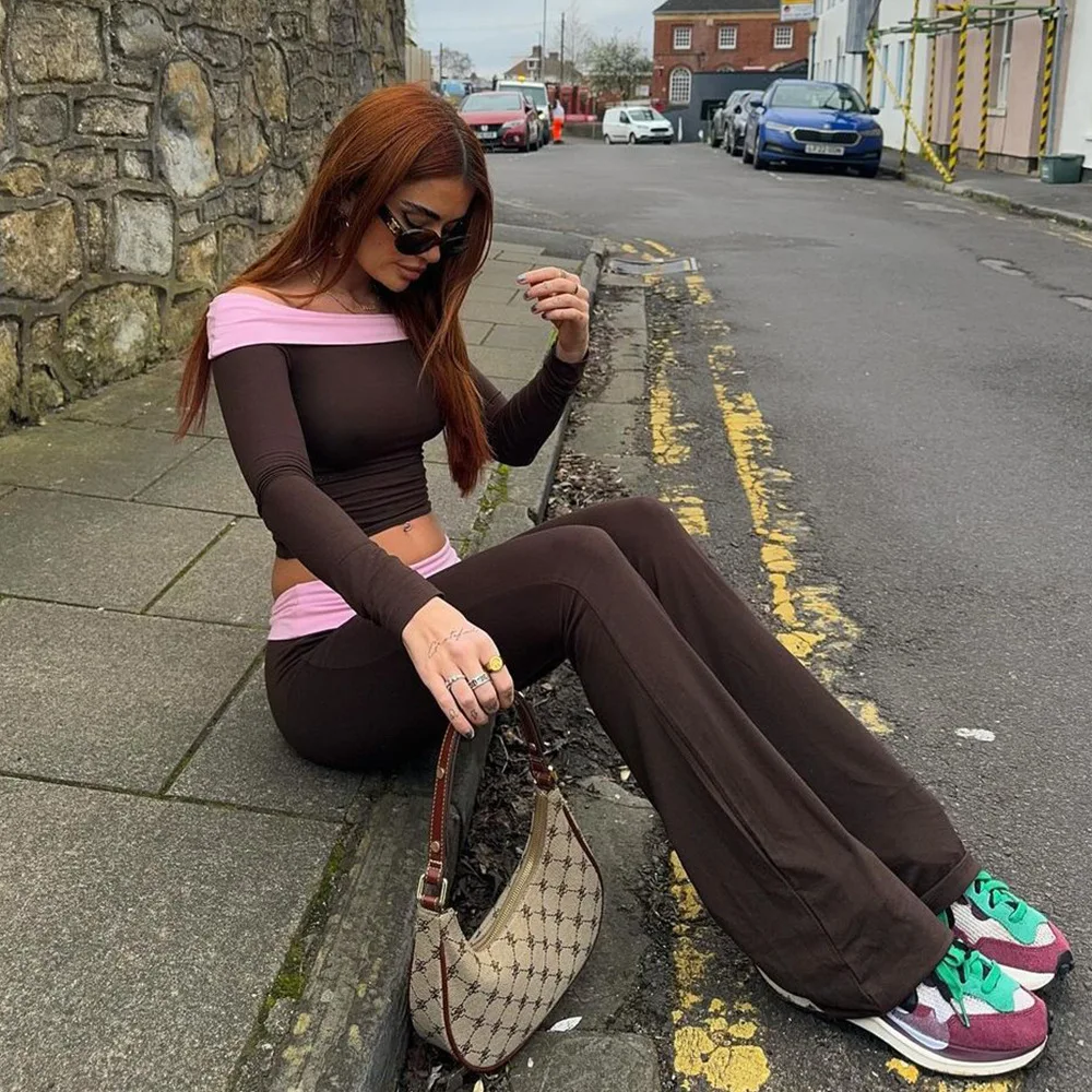 

Sexy Slim Fit Color Blo oulder Bared Long Sve Flared Pants Two Piece Set for Women 2024 New Arrival Casual Sportswear