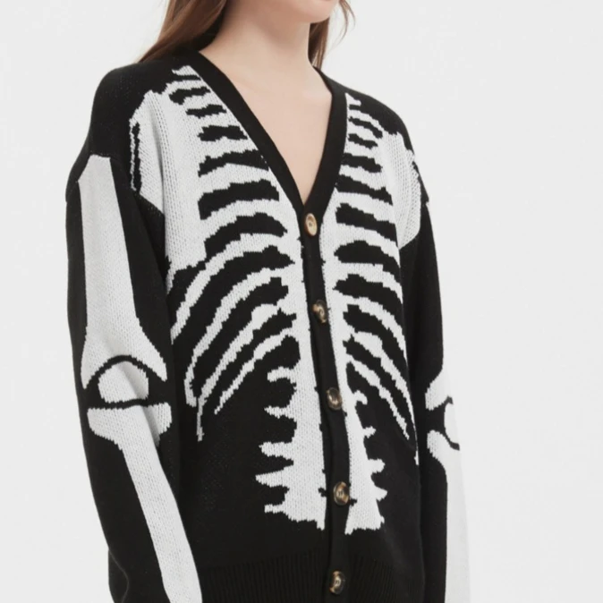 

Skeleton Print Cardigan Halloween Graphic Knit Open Front Sweater Lightweight Goth Style Fall Spring Cover Up