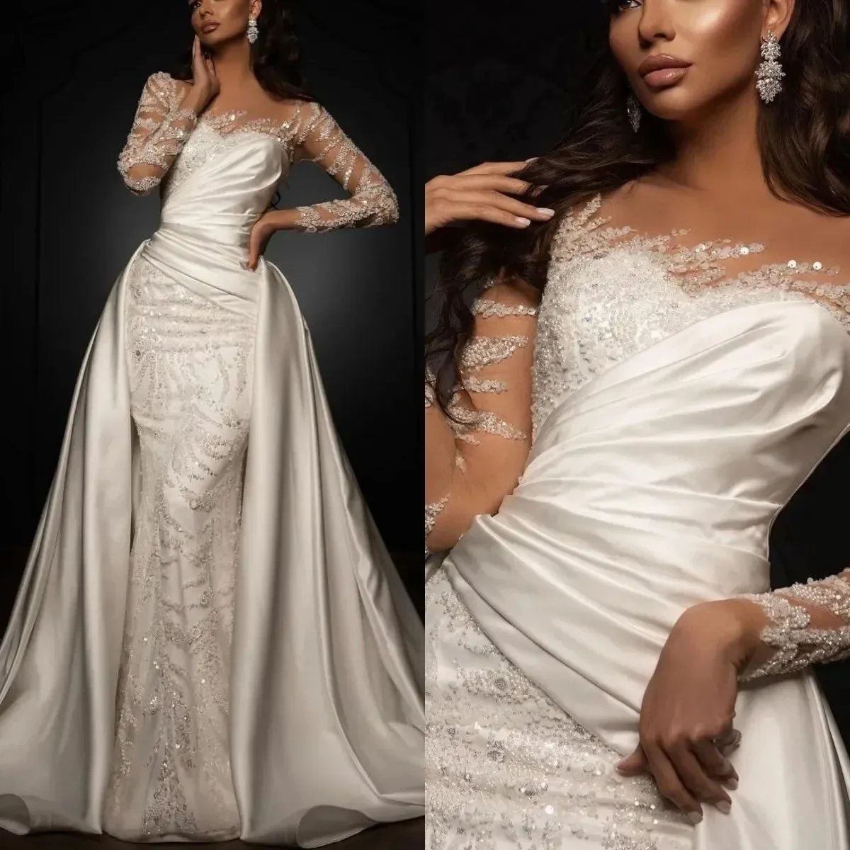 Customized Sheer Neck Shinny Beads Sequins  Wedding Dress with Removable Skirt Robe De Mariée  Long Sleeves Vintage Bridal Gown