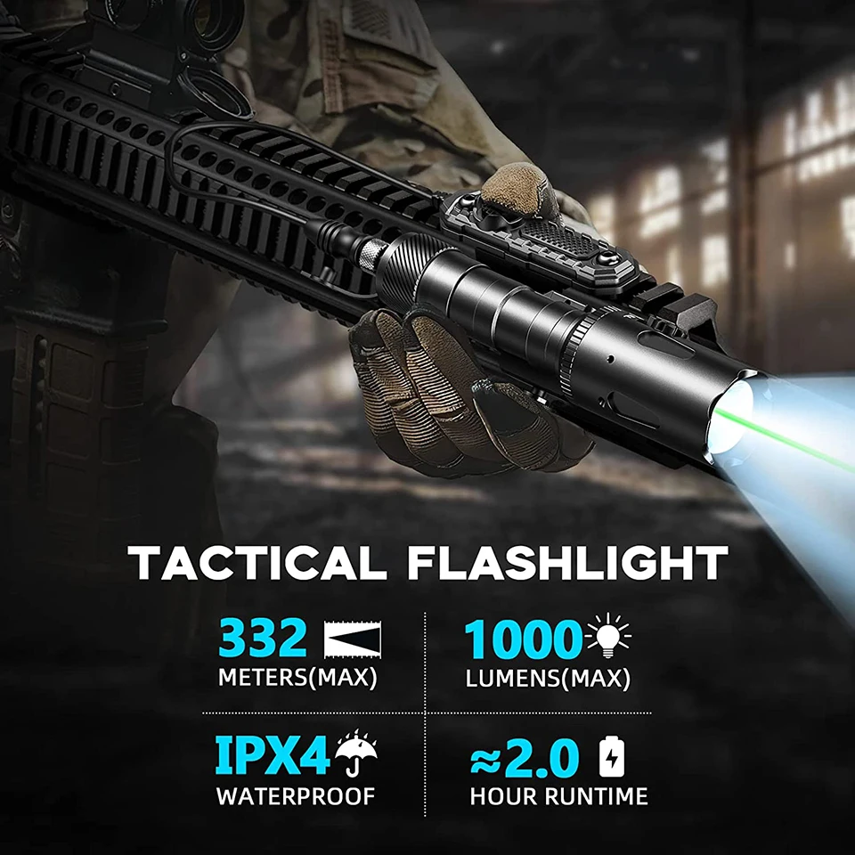 1000 Lumens Tactical Flashlight with Green Beam Laser Sight LED Light Combo Long Gun Light with Remote Switch for Picatinny Rail