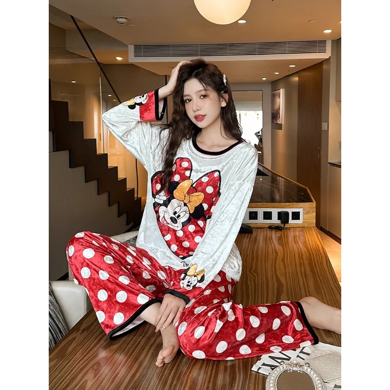 Disney Mickey Mouse Ice Silk Women\'s Pajamas Loose Crew Neck Long Sleeve Two-piece Casual Two-piece Pajamas Homewear Set