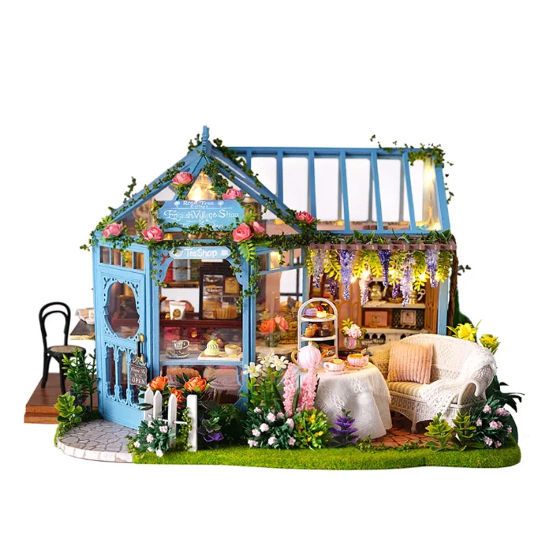 Casa de chá para jardim de rosas, modelo de montagem de madeira, cena em miniatura artesanal, casa de arte vintage, brinquedos educativos colecionáveis