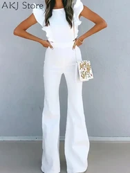 Women Flutter Sleeve Round Neck Cutout Ruffle Hem Long Jumpsuit