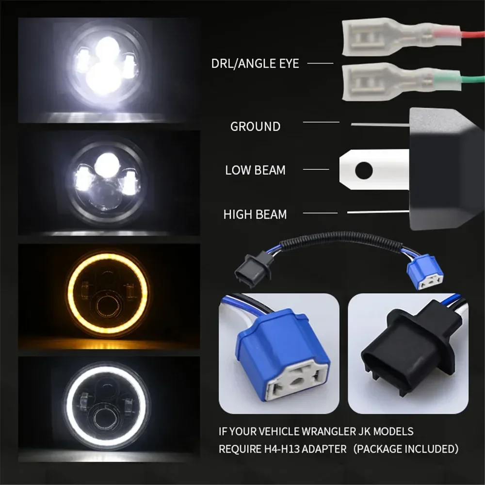 

New 1 Pair 7 Inch H4 LED Headlights DRL Hi/Lo Beam 50W 30W Halo Ring Amber Angel Eye For Niva Motorcycle Lada Offroad 4x4 UAZ 12
